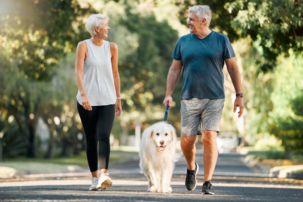 Man and woman walking a dog