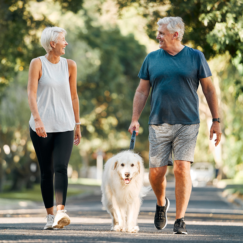 Man and woman walking a dog